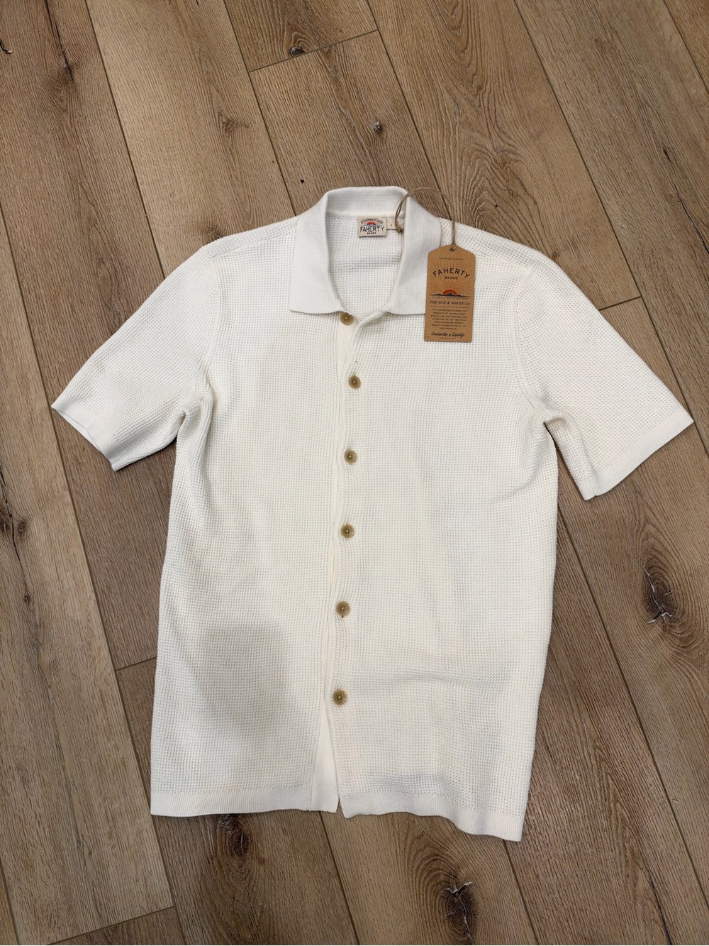 Faherty Cream Short-Sleeve Knit Button-Down Shirt
